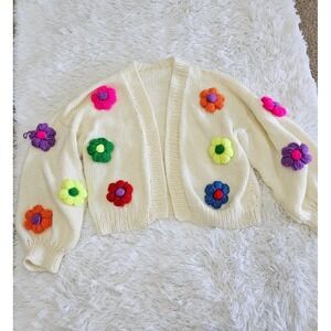Women's Sz L Cream‎ Knit 3D Floral Puff Accent Balloon Sleeve Cardigan Sweater